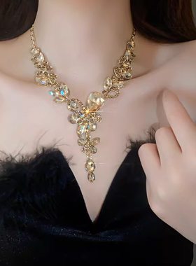 香槟色花朵闪钻锁骨链女高级感