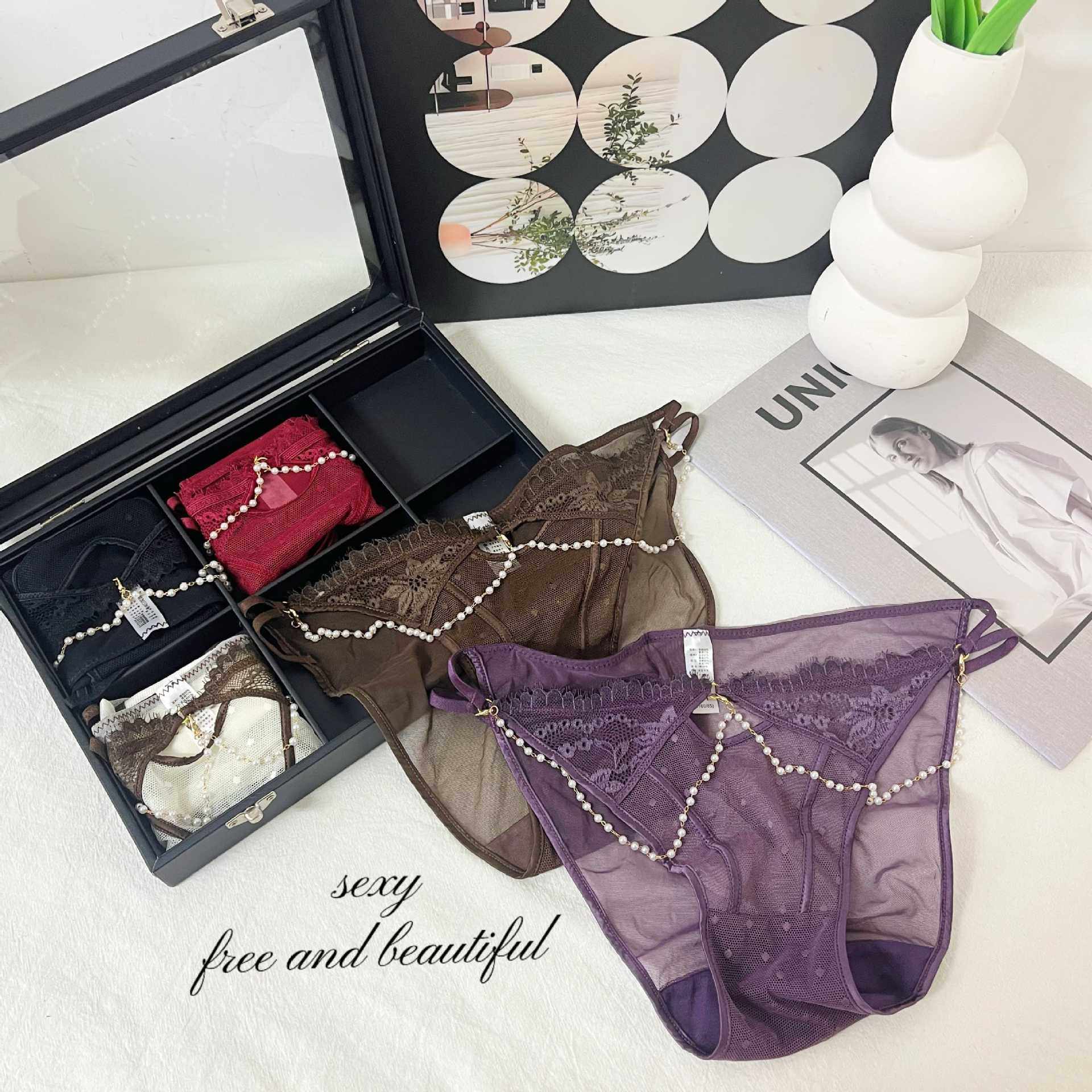 C1-A01法式纯欲风性感蕾丝内裤女可拆卸珍珠链精致诱惑女士三角裤