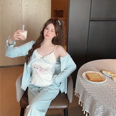 银狐绒加厚睡衣女新款开衫猫咪印花舒适长袖三件套装家居服可外