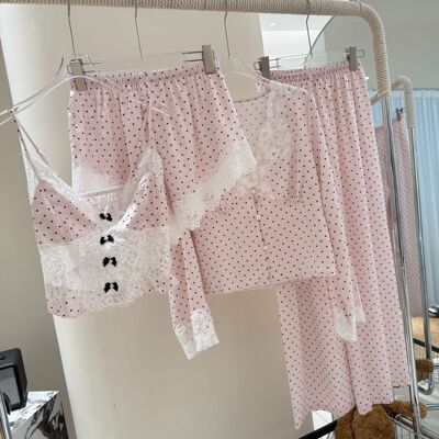 爱心波点冰丝睡衣女套装性感吊带带胸垫四件套可外穿家居服甜美