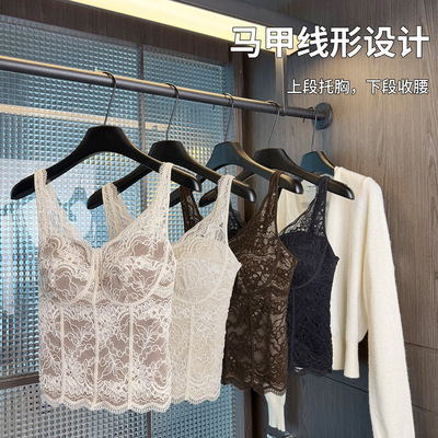 法式V领马甲式文胸女小背心保暖外穿带胸垫内衣一体文胸背心