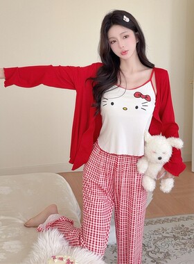 睡衣女春秋莫代尔棉红色格子猫印花舒适长袖长裤吊带胸垫家居服
