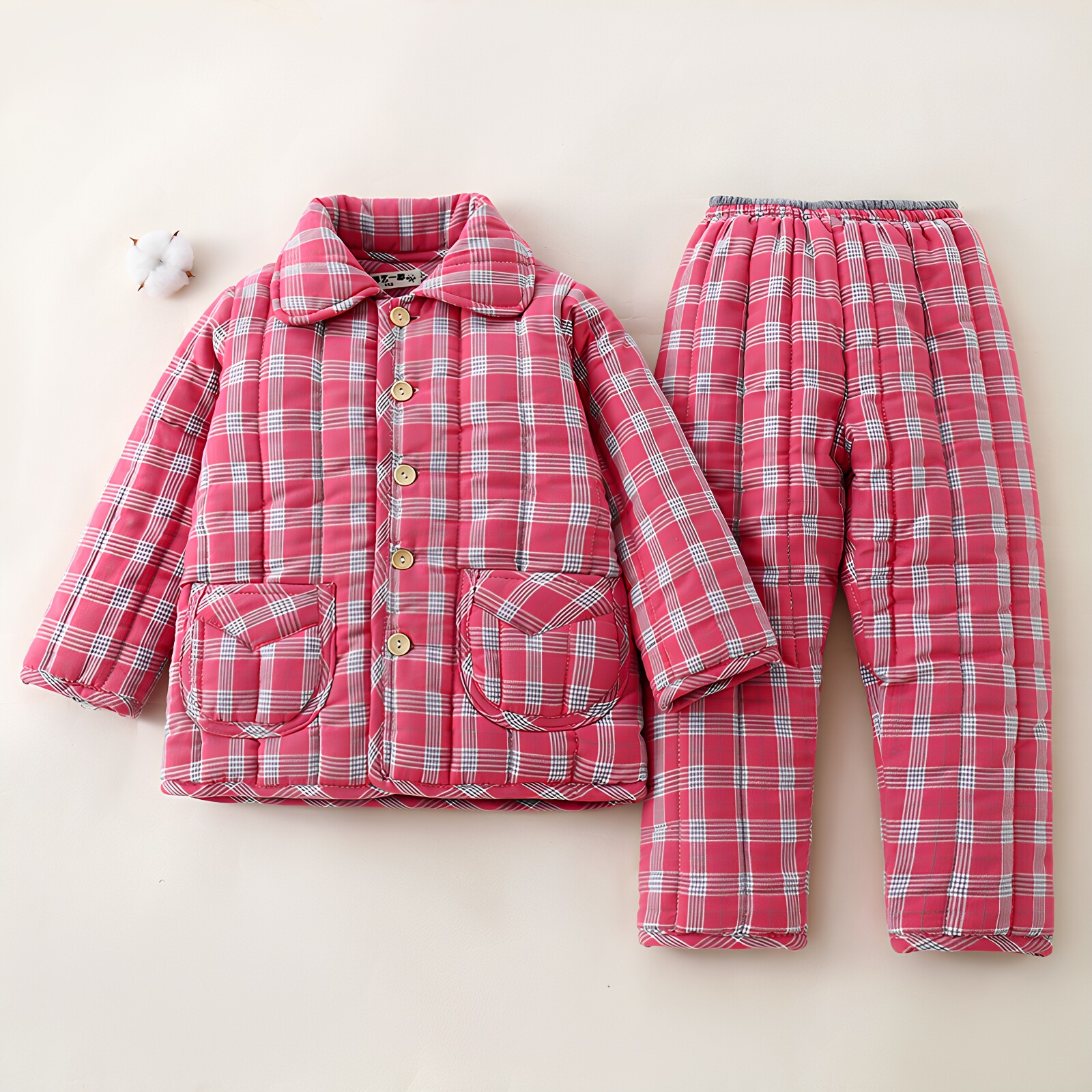 儿童冬季纯棉保暖家居服套装男童女童手工三层夹棉翻领加厚棉睡衣