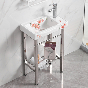 小户型洗手盆落地不锈钢架彩花洗脸池卫生间阳台柱盆户外一体台盆