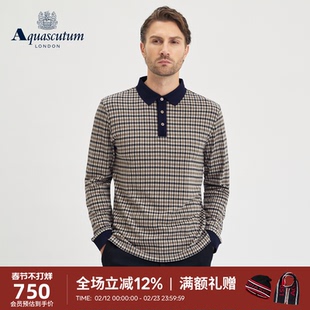 Aquascutum/雅格狮丹秋冬新品男士商务翻领T恤格纹长袖POLO衫通勤