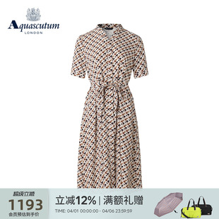 女通勤垂感格纹系带短袖 连衣裙气质 雅格狮丹春夏新品 Aquascutum