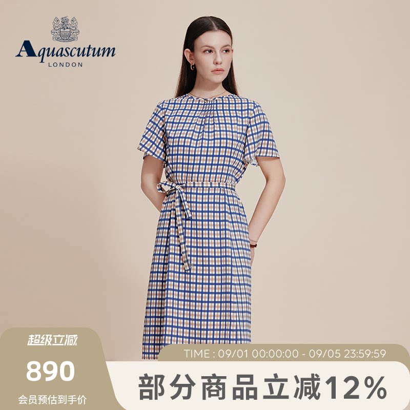 【雅格狮丹】经典格收腰连衣裙图片