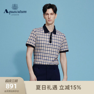 Aquascutum/雅格狮丹2026春夏新品男士纯棉格纹翻领商务短袖POLO
