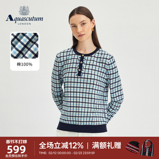 Aquascutum/雅格狮丹秋冬新品女士撞色线条格纹纯棉长袖T恤气质
