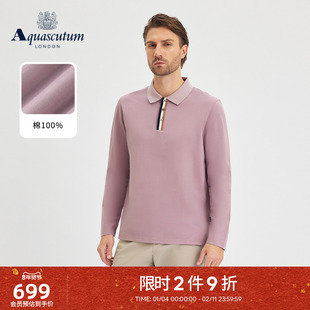 Aquascutum/雅格狮丹秋冬新品男简约格纹长袖纯棉T恤上衣POLO通勤
