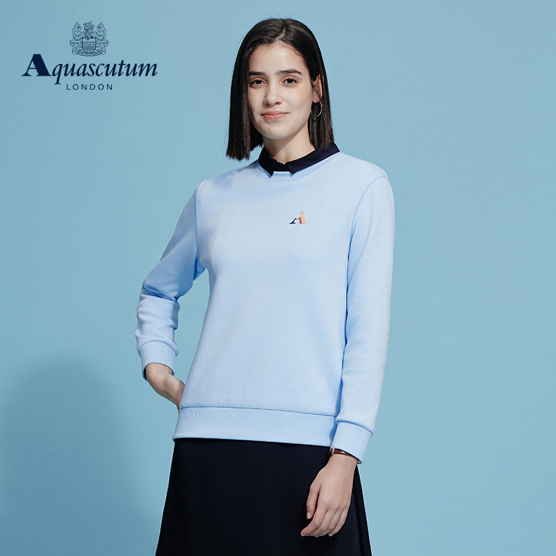 Aquascutum/雅格狮丹春夏新品女装宽松字母绣花套头圆领卫衣气质