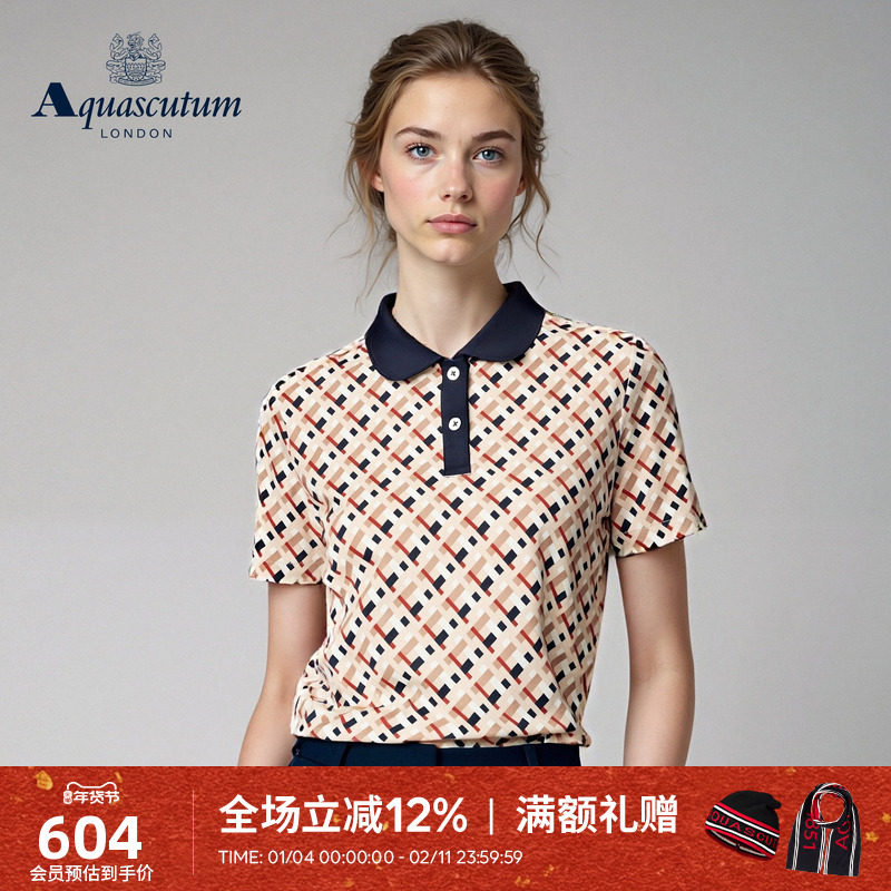 Aquascutum/雅格狮丹夏季新品女时尚印花格纹纯棉短袖POLO衫气质,女装/女士精品,POLO衫,淘宝优惠券,粉丝福利购,淘宝优惠卷