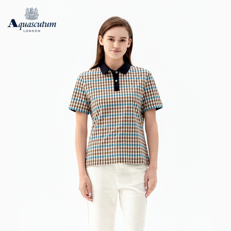 Aquascutum/雅格狮丹2026春夏新品女士时尚纯棉格纹翻领T恤POLO衫