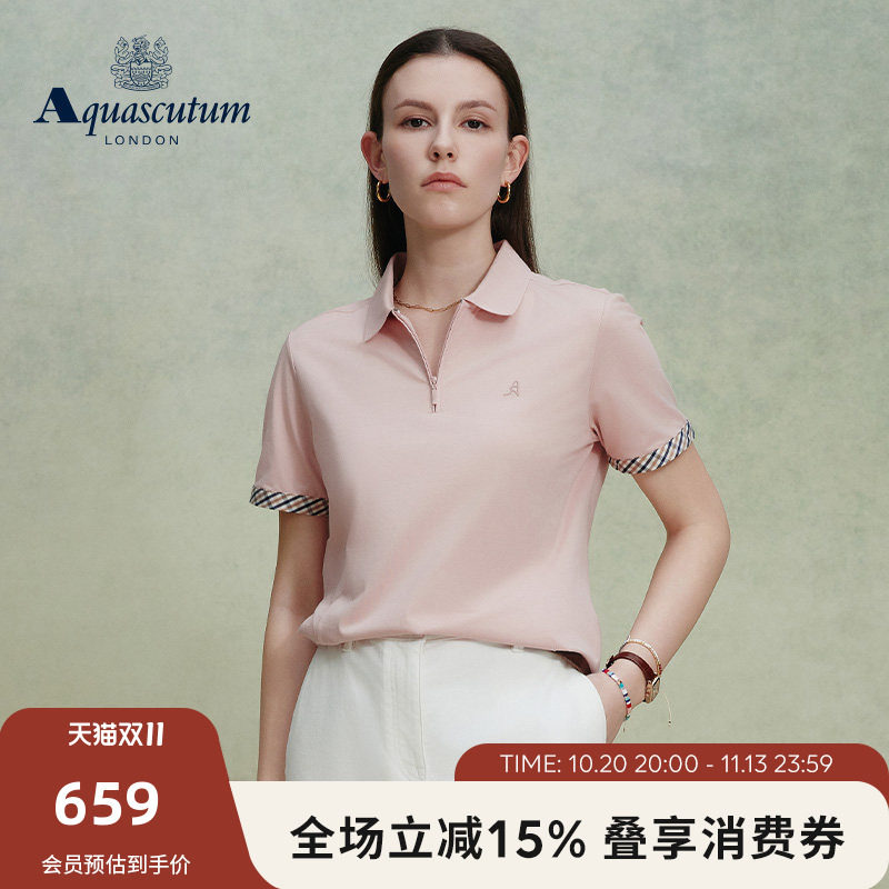 Aquascutum/雅格狮丹2026春夏新品女士格纹翻领通勤T恤短袖POLO衫