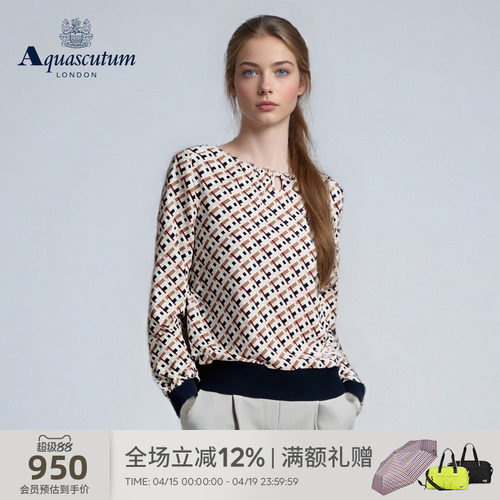 印花格纹圆领长袖衬衫T恤