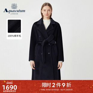 Aquascutum/雅格狮丹冬季新品女士双排扣绵羊毛毛呢外套大衣气质