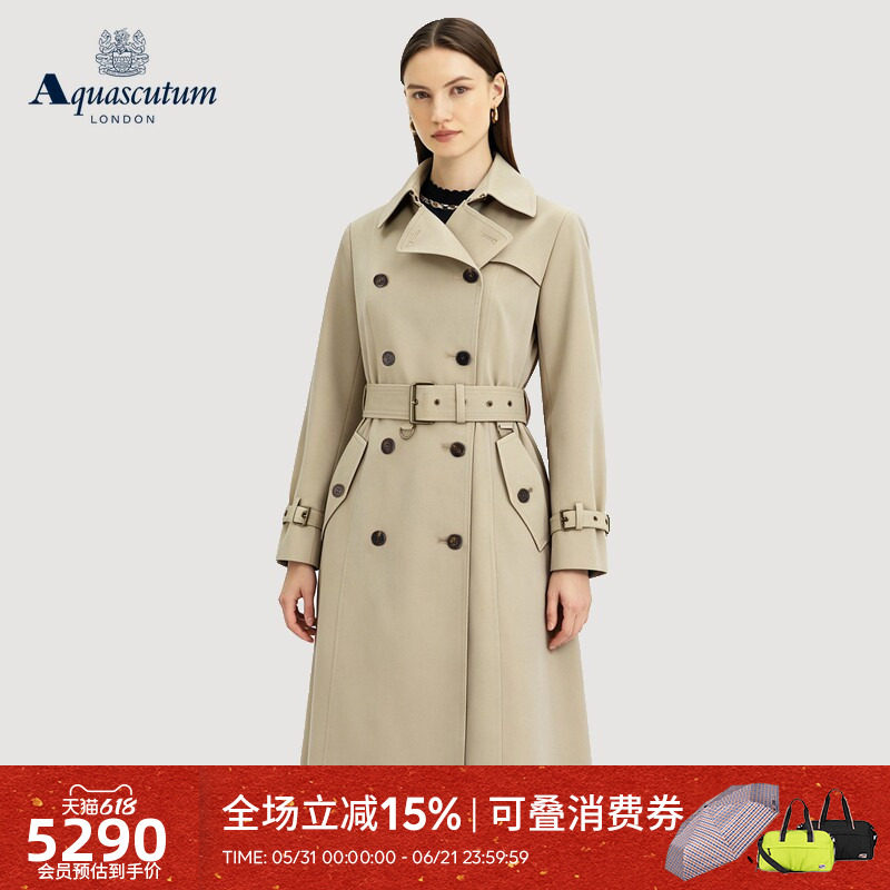 Aquascutum/雅格狮丹2026春夏新品女正肩修身气质双排扣风衣外套