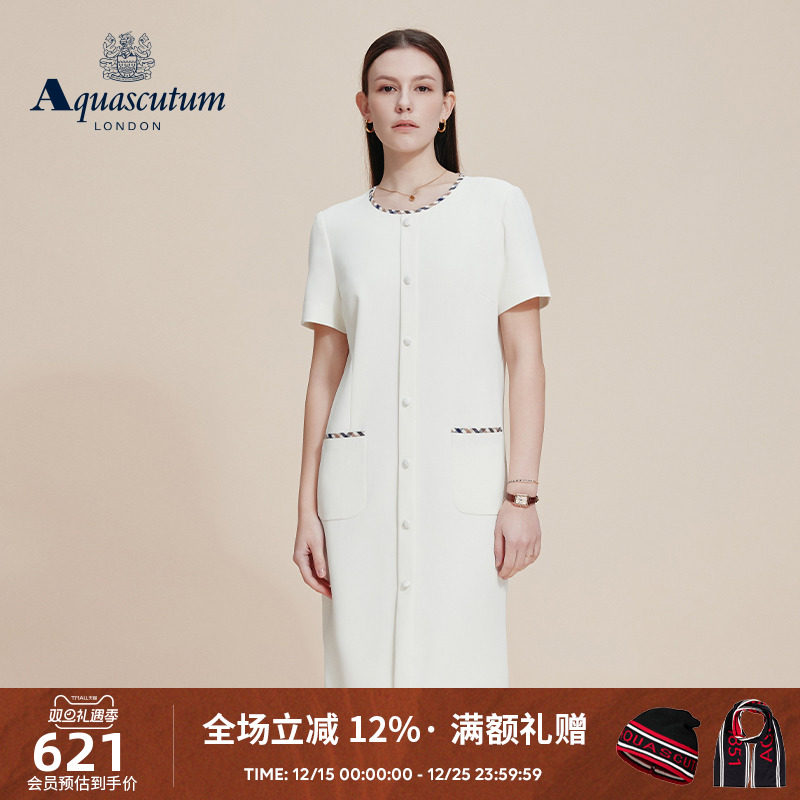 Aquascutum/雅格狮丹2025春夏新品女连衣裙圆领休闲短袖裙
