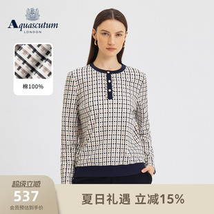 Aquascutum/雅格狮丹秋冬新品女商务休闲通勤纯棉格纹长袖T恤气质