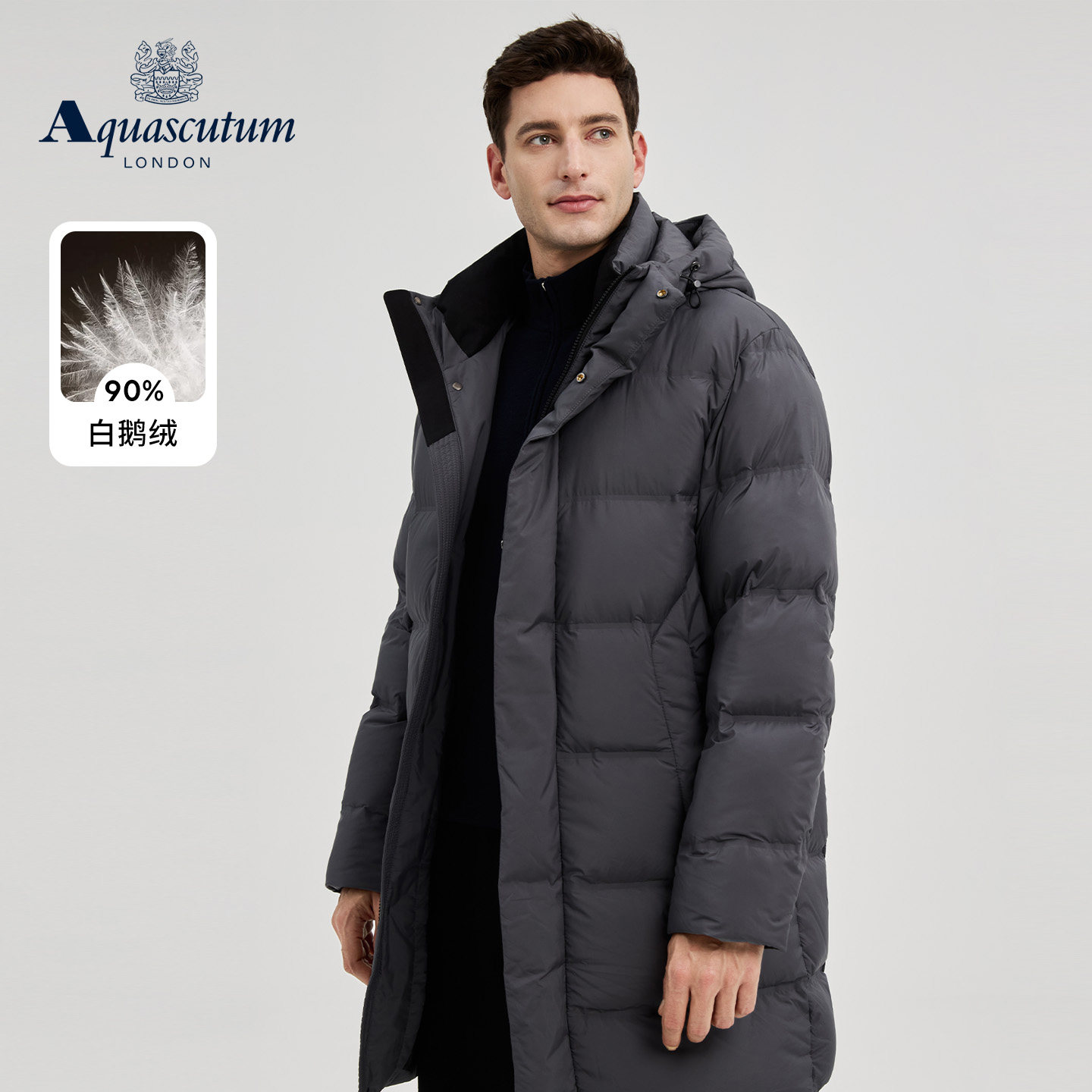 Aquascutum/雅格狮丹冬季新品男士中长款内皮草白鹅绒羽绒服通勤