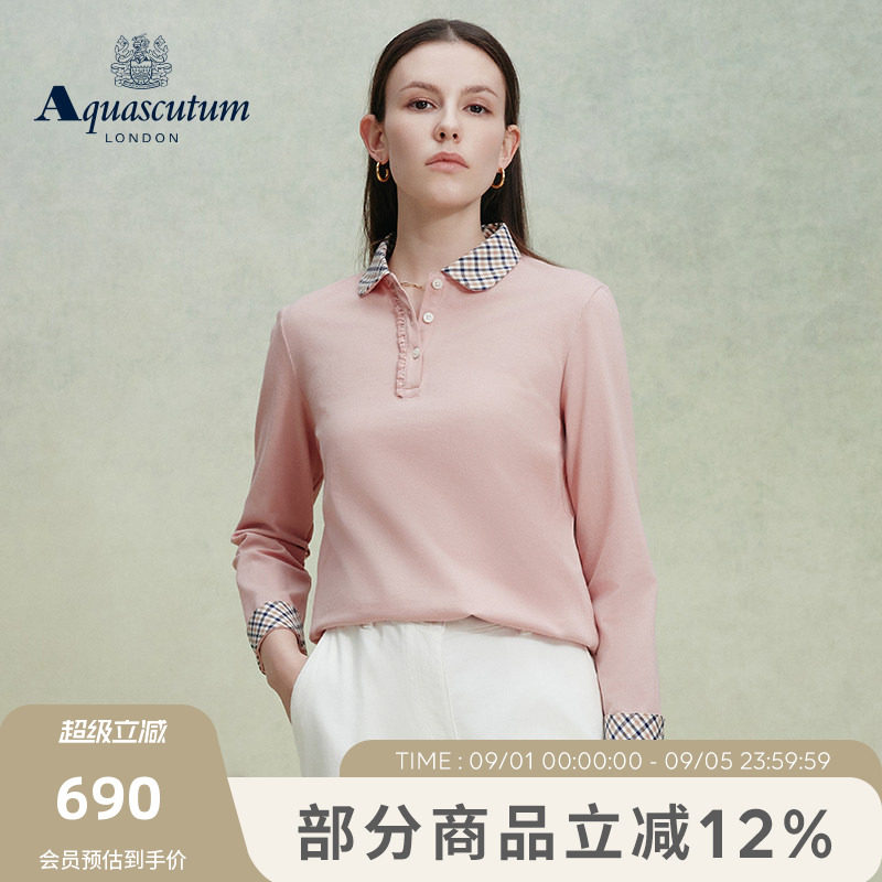 【100%棉】女格纹翻领长袖POLO图片