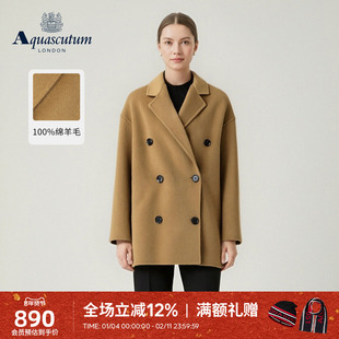 Aquascutum/雅格狮丹冬季新品女士时尚绵羊毛双排扣大衣外套气质