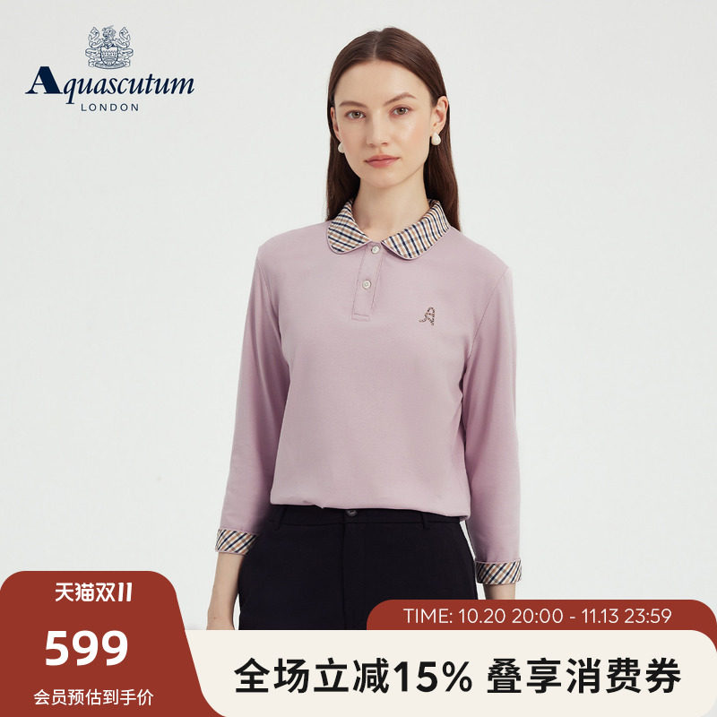 Aquascutum/雅格狮丹秋冬新品女纯棉格纹圆领长袖商务POLO衫气质
