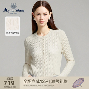 Aquascutum/雅格狮丹秋冬新品女士绵羊毛圆领针织开衫打底衫气质