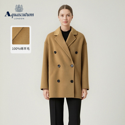 【雅格狮丹】女绵羊毛双排扣大衣