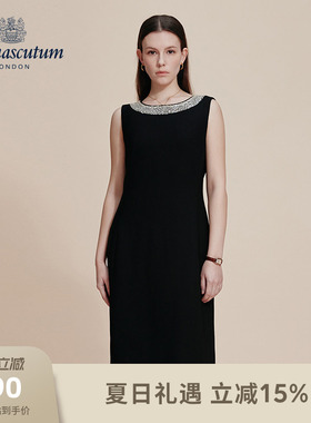 Aquascutum/雅格狮丹春夏新品女收腰无袖连衣裙优雅黑色礼服气质