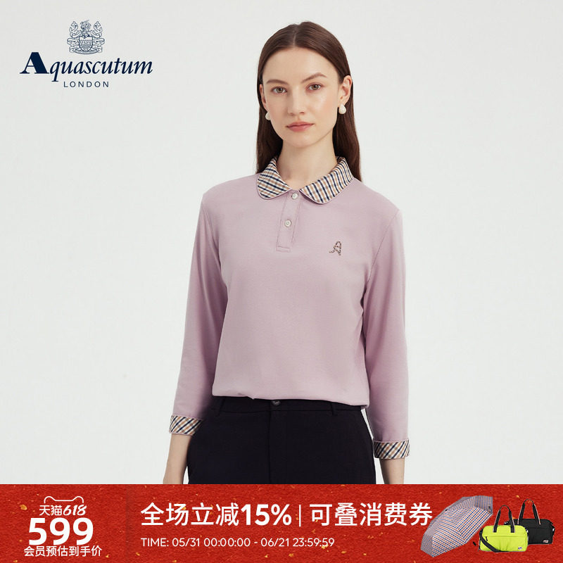 Aquascutum/雅格狮丹秋冬新品女纯棉格纹圆领长袖商务POLO衫气质
