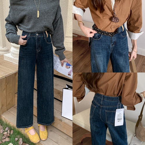 大码弹力牛仔裤秋季新款200斤胖MM简约休闲遮肉直筒九分裤女8129
