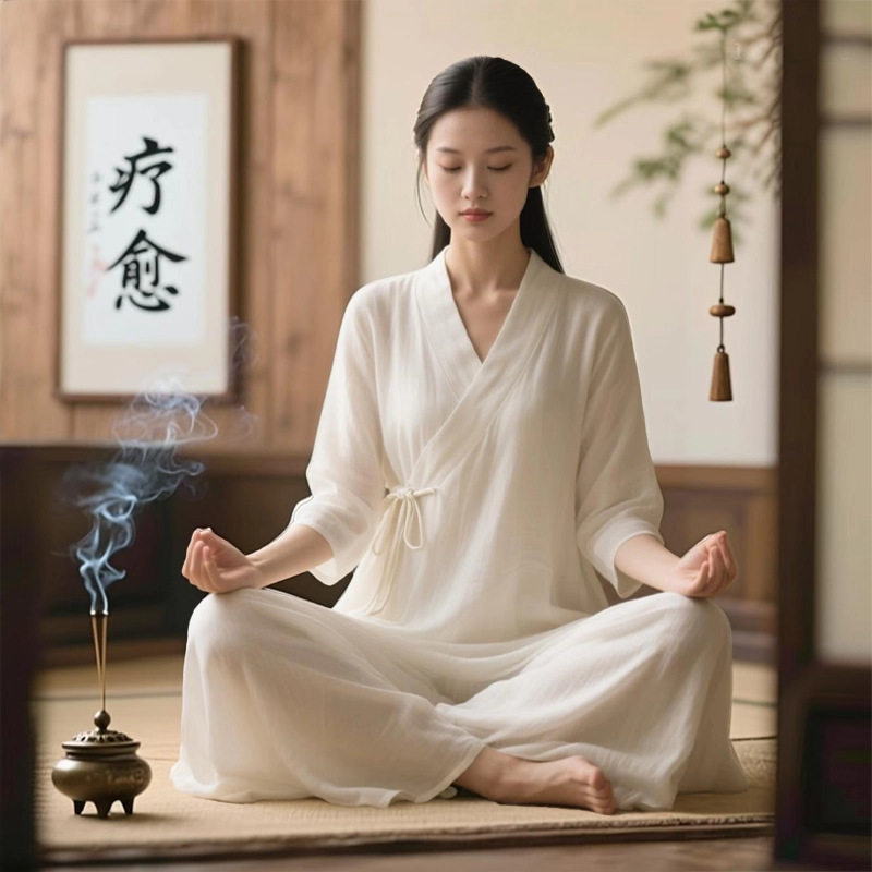 禅意风仙气飘飘疗愈师禅服女夏季斜襟系带打坐冥想修行居士服套装