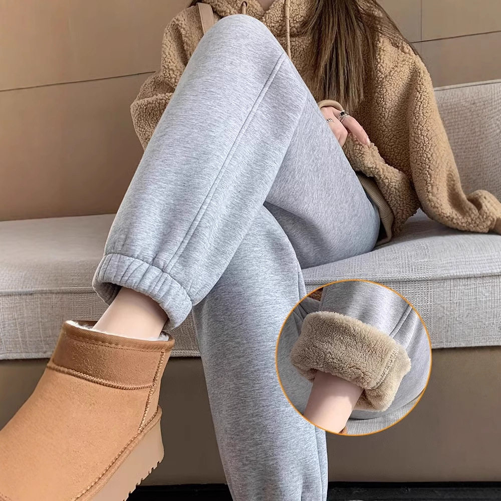 加绒运动裤女秋冬2025新款加厚灰色卫裤高腰束脚冬季羊羔绒棉裤子