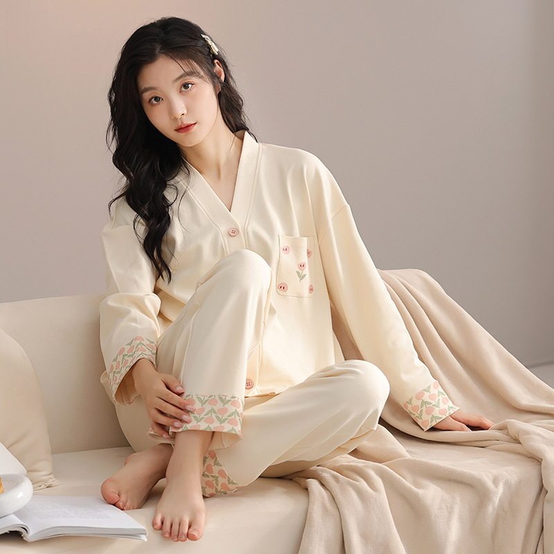 A类纯棉女开衫秋冬长袖长裤睡衣