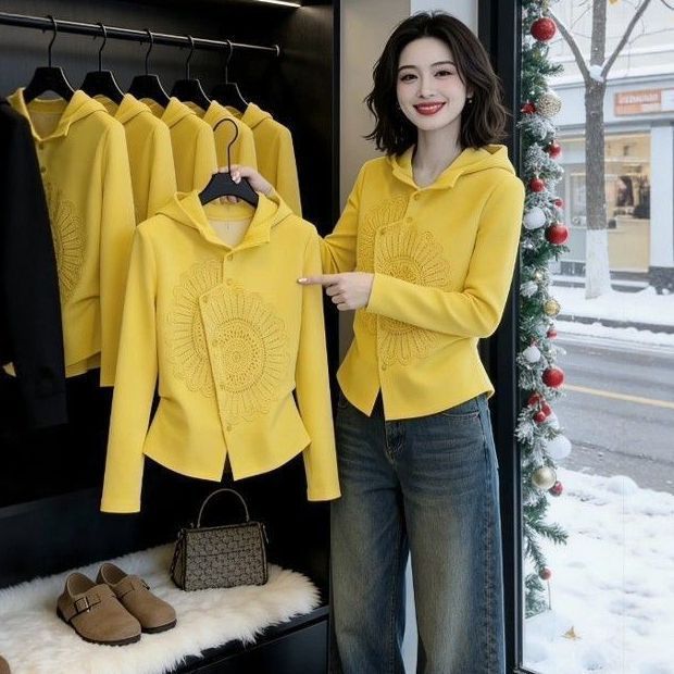 2026春季欧货设计感黄色连帽卫衣女大码胖mm收腰显瘦内搭减龄上衣