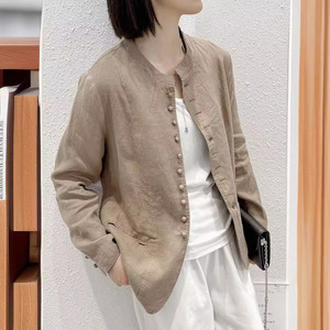 捡漏~外贸原单出口中式立领亚麻西服上衣女休闲棉麻西装外套