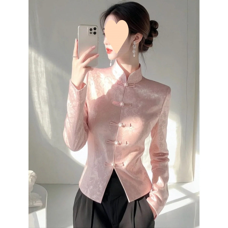 粉色国风高级感盘扣立领长袖衬衫女春秋设计感独特别致好看上衣