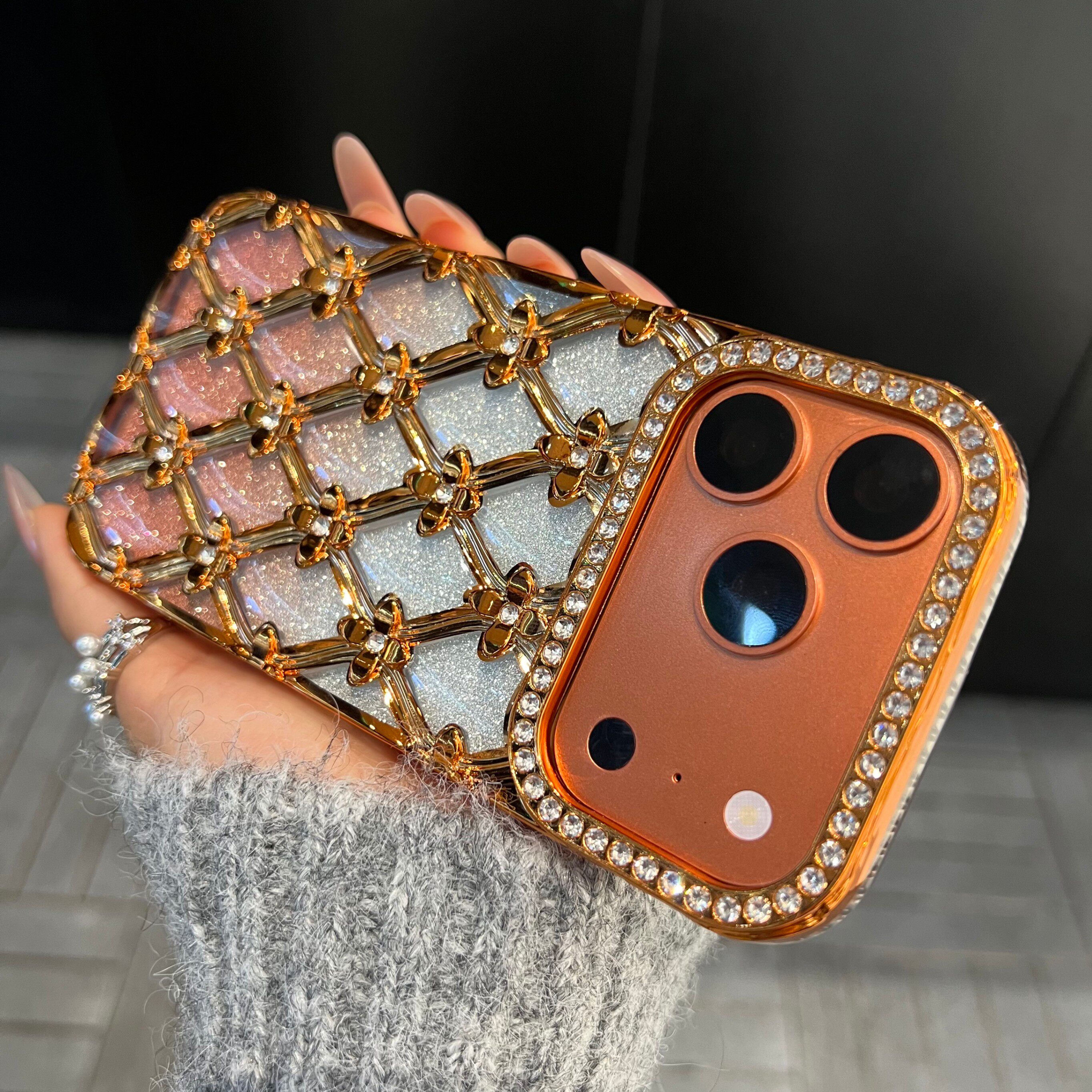 菱格镶钻花朵闪粉紫色17proMax水钻苹果16e手机壳适用iPhone13软硅胶15plus保护套14奢华12立体感air高级女款