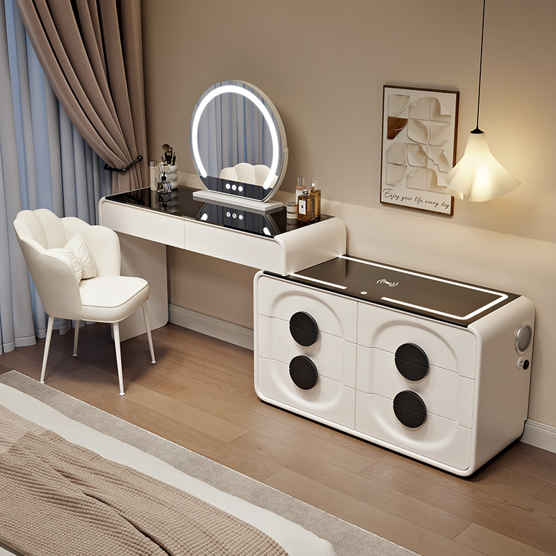新款奶油风智能蓝牙梳妆台卧室现代简约实木斗柜收纳柜一体化妆桌