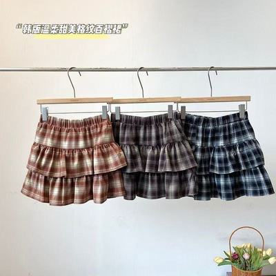 松紧高腰荷叶边撞色格子半身裙女2024秋装韩版百搭小个子少女短裙