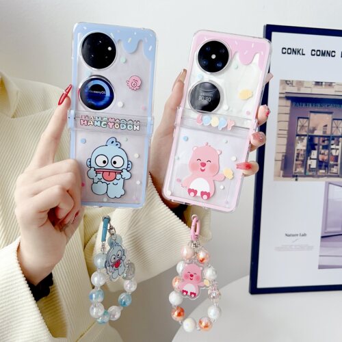 粉小海狸手链新款适用华为Pocket2手机壳P50PocketS女小丑鱼汉顿三星ZFlip3/4/5韩网红FindN2/N3Flip保护套