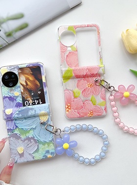 粉蓝色油画花朵适用oppoFindN3Flip手机壳N2Flip保护套vivo Xflip折叠屏三星zflip5/4新款华为pocket2夏天