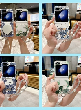 复古风绿色铃兰小花适用三星zflip5手机壳折叠屏zflip4保护套新款彩绘zflip3防摔时尚欧美轻奢个性w23flip女