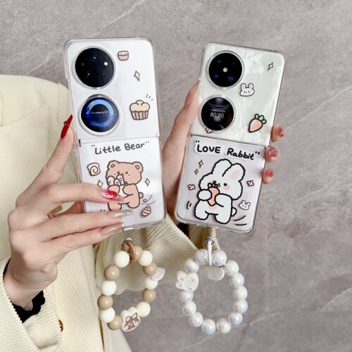 透明兔子萝卜适用华为pocket2手机壳pockets/p50宝盒折叠oppofindn3flip/n2三星zflip5/4/3代保护套手链