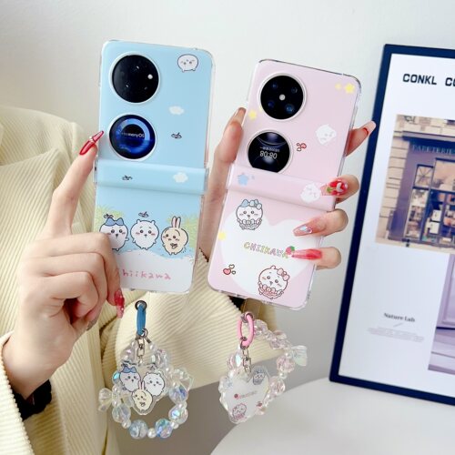 蓝粉底吉伊卡哇三件套适用华为pocket2手机壳p50pockets保护套P50宝盒三星zflip3/4/5春夏oppoN2/N3女款手链