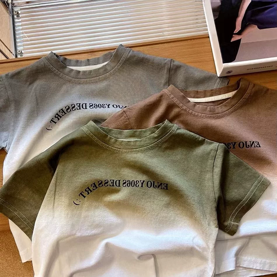 Summer clothing, children's T-shirt with a round collar, gradient, with short sleeve, Korean style