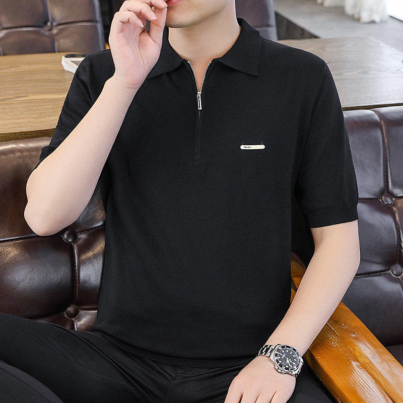 SUMMER THIN T-SHIRT MENS HALF-SLEEVED LAPEL ZIPPER  FASHION TREND POLO SHIRT MENS COOL TOP