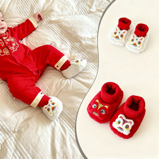 新年国风0 喜庆保暖不掉棉鞋 1岁婴儿鞋 12个月宝宝虎头鞋 袜 冬季