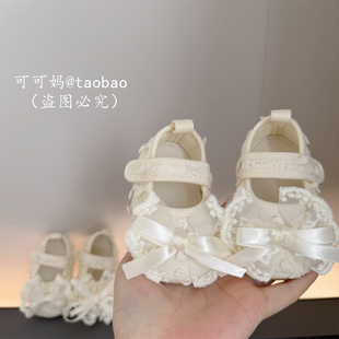 婴幼儿软胶底透气学步鞋 1岁女宝宝可爱蕾丝蝴蝶结公主鞋 春秋季
